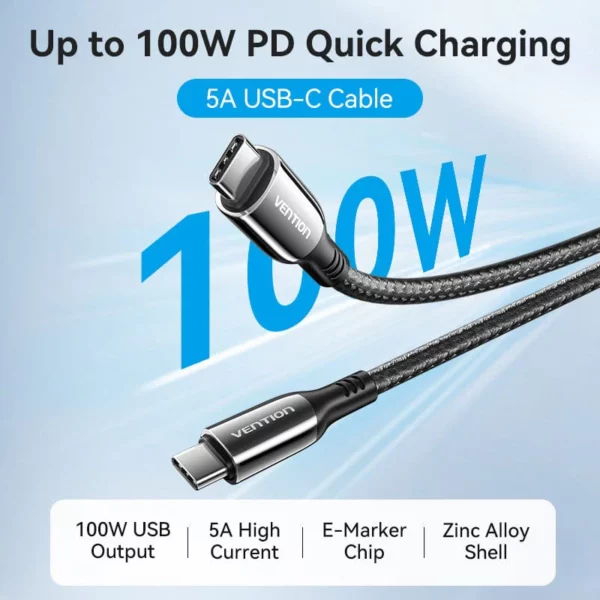 Vention - Câble USB 2.0 C mâle vers C mâle 5 A en coton tressé, type alliage de zinc (2m) – Image 4