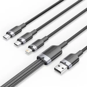 Vention - Câble USB 2.0 tressé 3 en 1 USB-C, Lightning et Micro-B mâle (Noir)