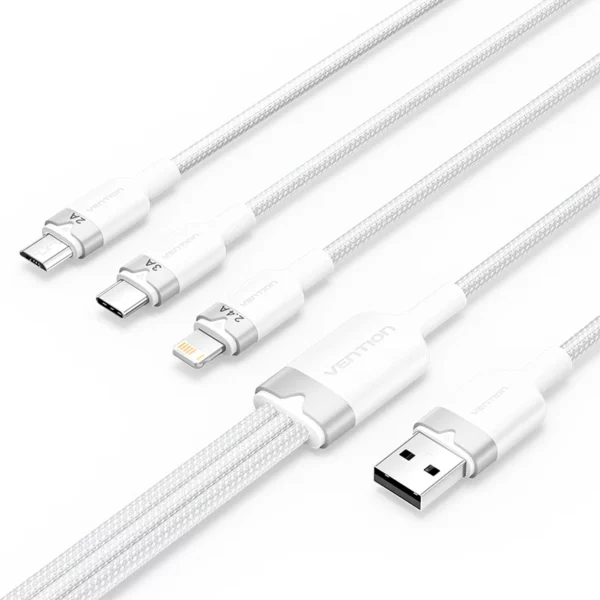 Vention - Câble USB 2.0 tressé 3 en 1 USB-C, Lightning et Micro-B mâle (Blanc)