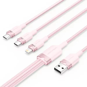Vention - Câble USB 2.0 tressé 3 en 1 USB-C, Lightning et Micro-B mâle (Rose)