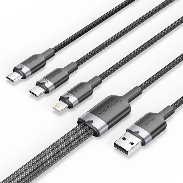 Vention - Câble USB 2.0 tressé 3 en 1 USB-C, Lightning et Micro-B mâle (Blanc) – Image 2
