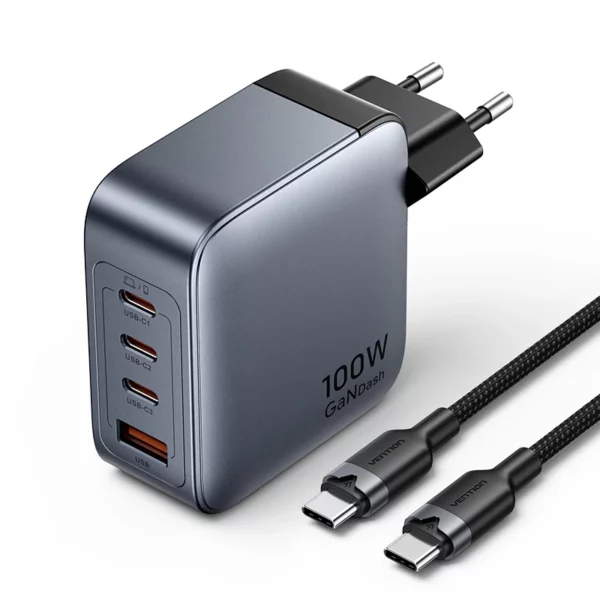 Vention - Chargeur USB rapide 4 ports (2C+2A) GaN (100W/100W/30W/30W) avec câble USB-C vers USB-C 1m – Image 2